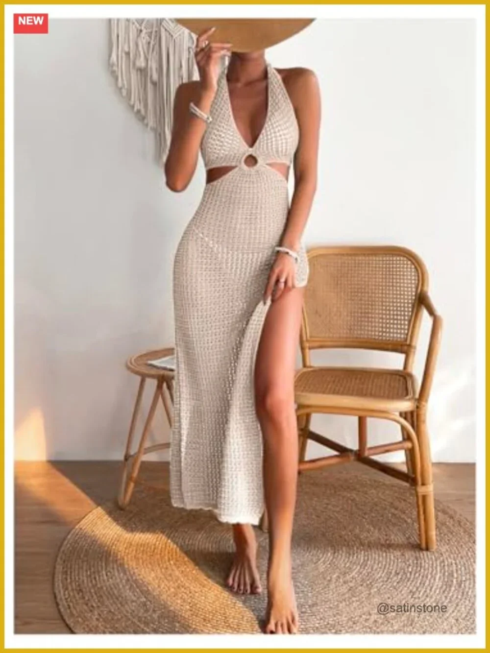 Crochet Maxi Dress Halter Backless Swim Cover Up Vacation Beach Bathing Suit